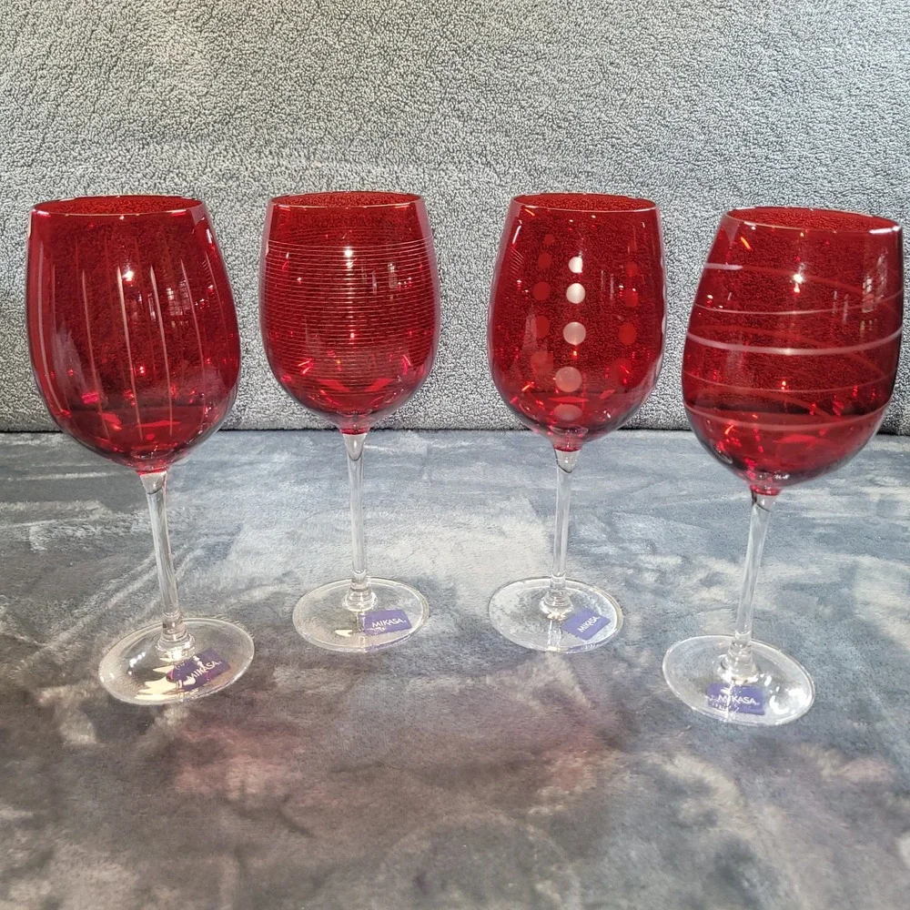 Mikasa Cheers Ruby Red Wine Glasses Set of 4 Etched Crystal Stemware 5072026